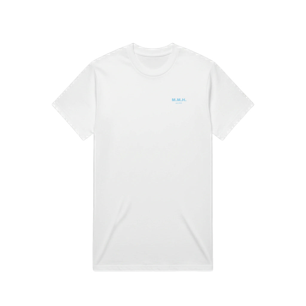 M.M.H. Awareness heavy oversized tee with baby blue print, worn