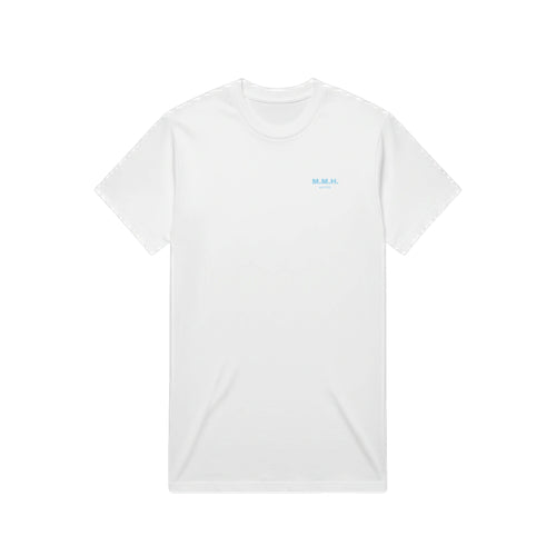 M.M.H. Awareness heavy oversized tee with baby blue print, worn
