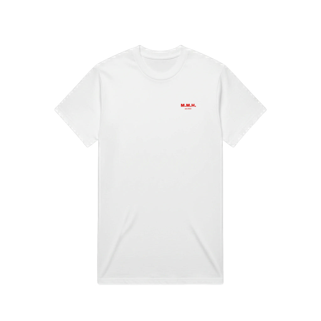 M.M.H. Awareness heavy oversized tee with red print, worn