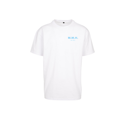 M.M.H. Awareness tee with baby blue print, front